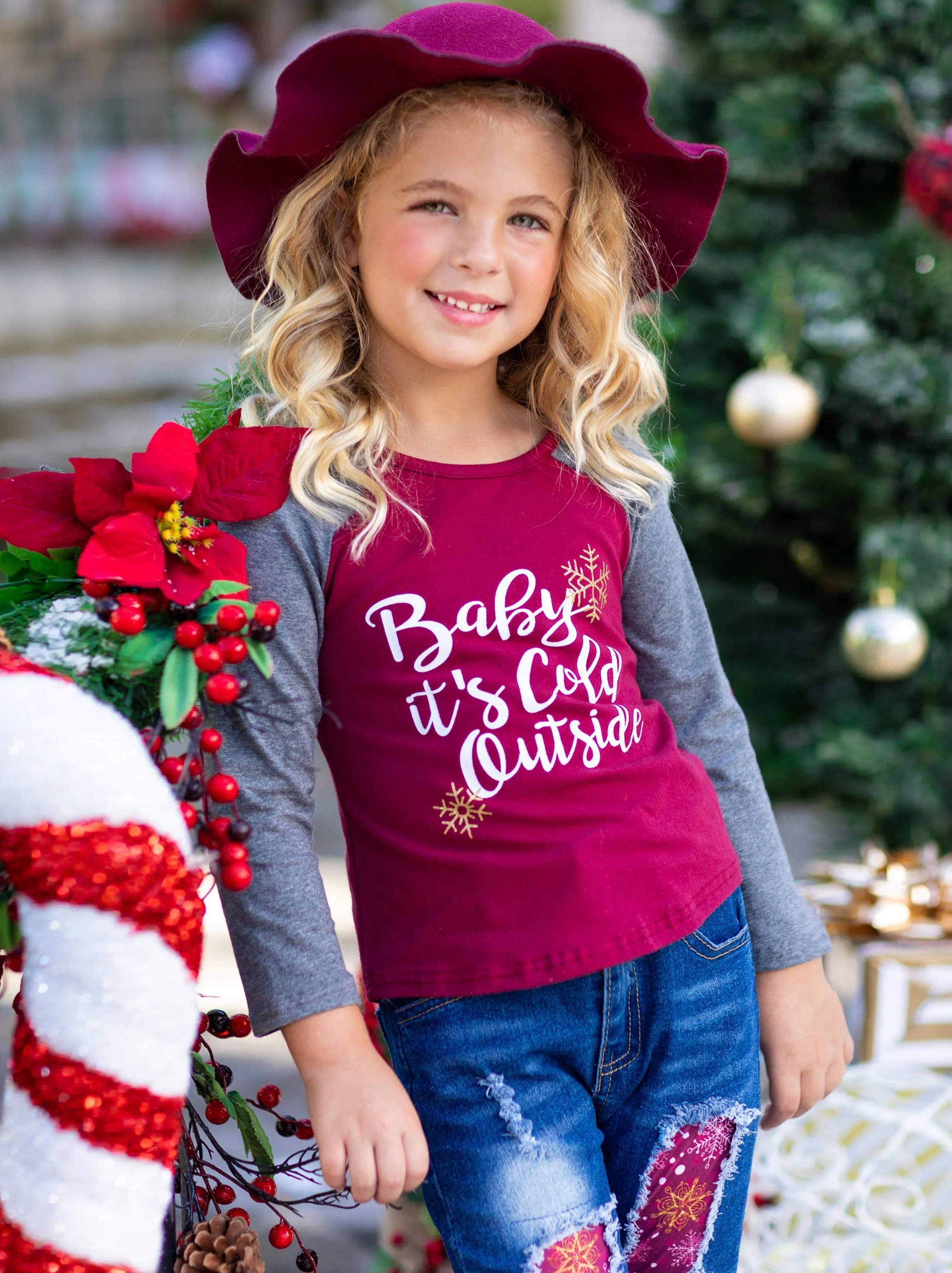 Baby It's Cold Outside Patched Top and Jeans Set