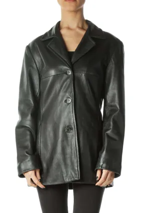 Black Buttoned Pocketed Leather Coat