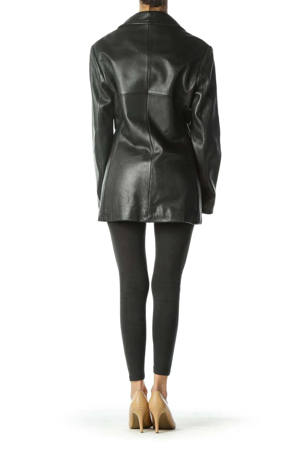 Black Buttoned Pocketed Leather Coat