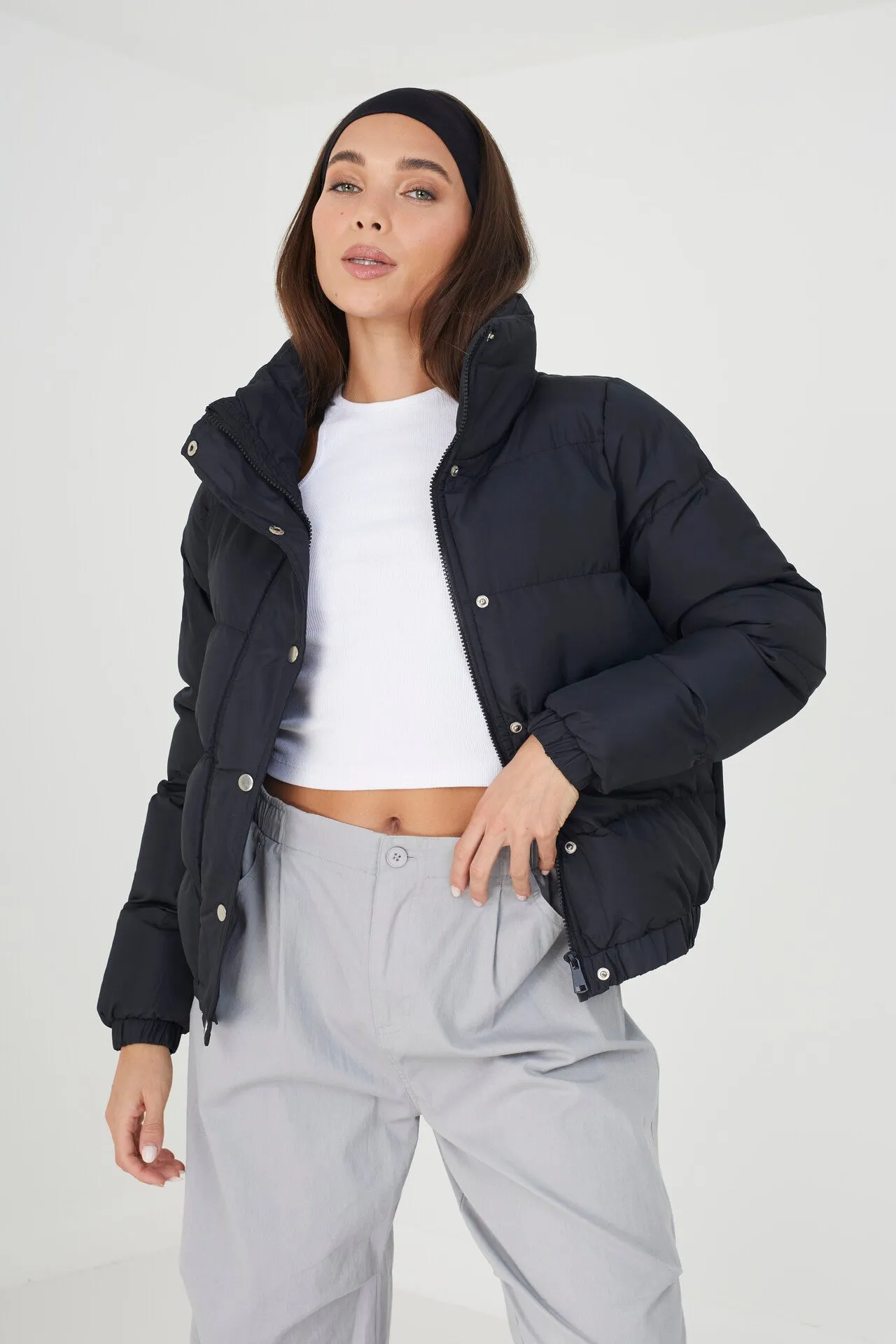 BLACK FUNNEL NECK ZIP THROUGH PADDED PUFFER JACKET