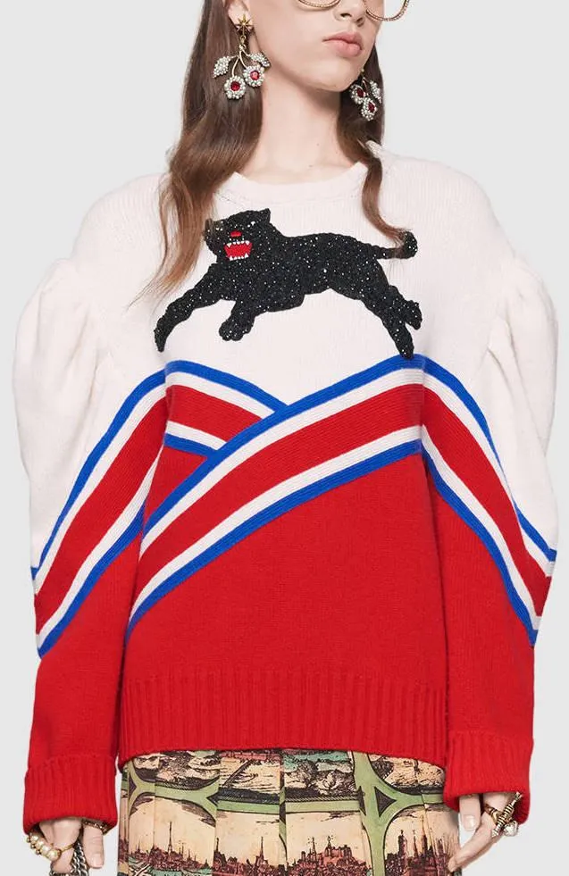 Black Panther-Embroidered Oversized Exaggerated-Shoulder Sweater