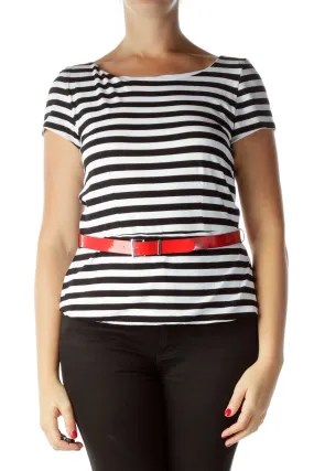 Black White Striped Peplum Top with Belt