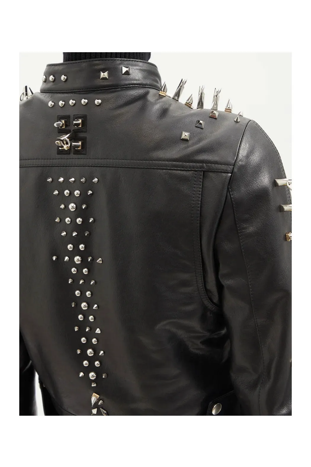 Black Women style Silver Long Spiked Studded Motorcycle Leather Jacket