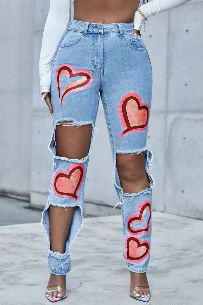 Blue High Waisted Heart Print Ripped Mom Jeans