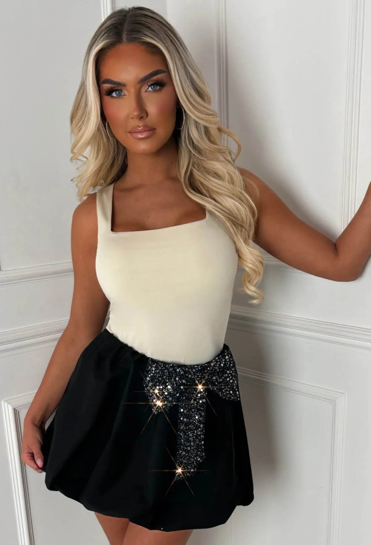 Bow Down Black Sequin Bow Puff Ball Skirt