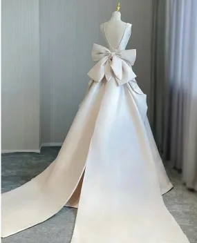 Bow Streamer Train Satin Wedding Gown