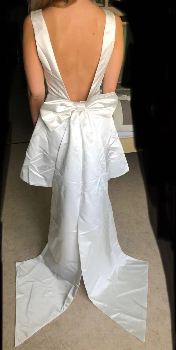 Bow Train Satin Knee Wedding Dress All Sizes/Colors