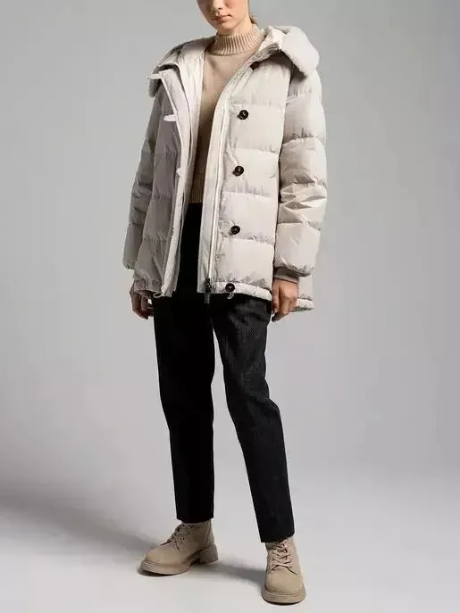 Button-Front Down Jacket with Shearling Collar