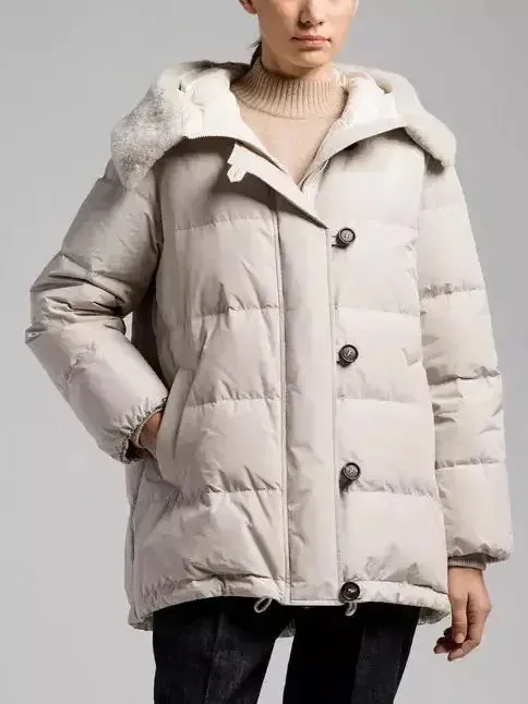 Button-Front Down Jacket with Shearling Collar