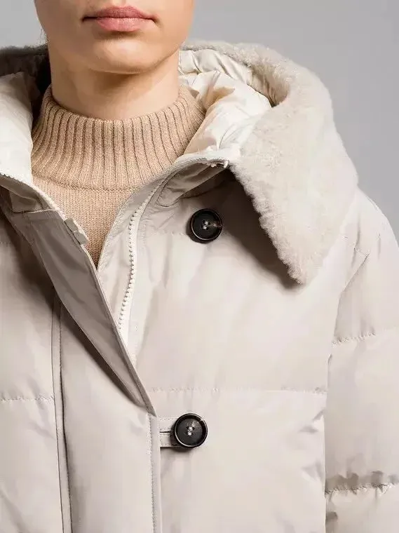 Button-Front Down Jacket with Shearling Collar