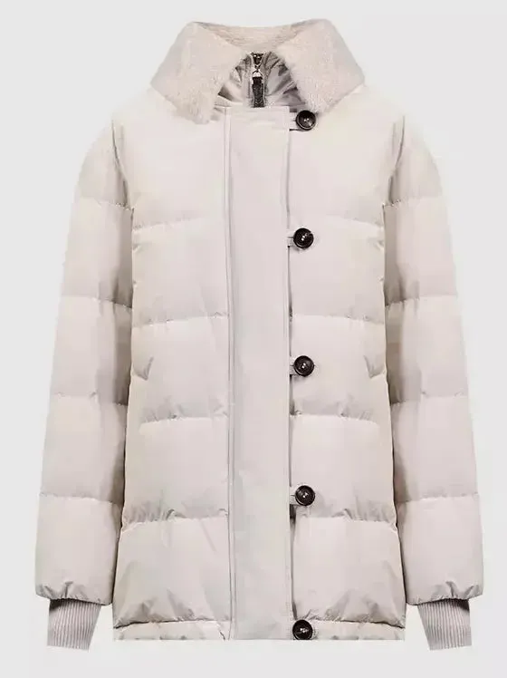 Button-Front Down Jacket with Shearling Collar