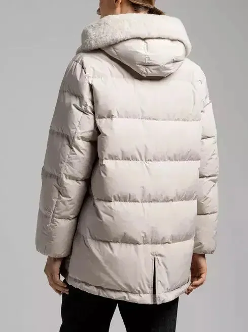 Button-Front Down Jacket with Shearling Collar