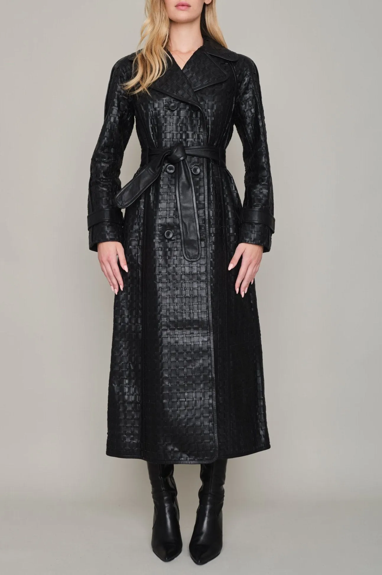 CADOGAN HAND WOVEN BY-PRODUCT LEATHER MIDI COAT