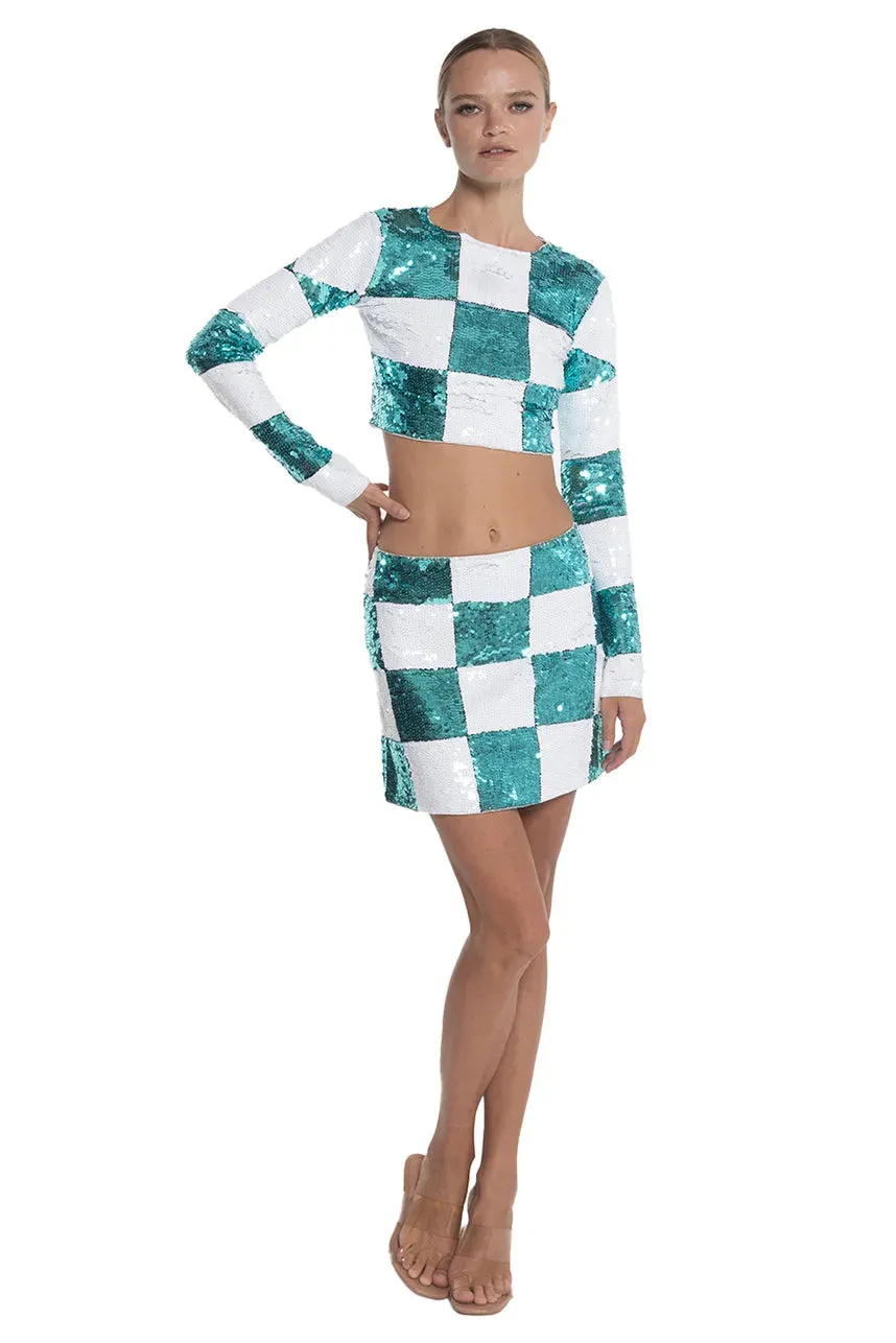 Checkered Sequin Mini Skirt in Turquoise and White