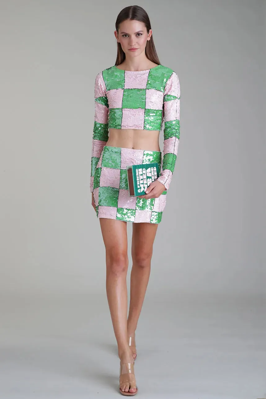 Checkered Sequin Mini Skirt Pink and Green