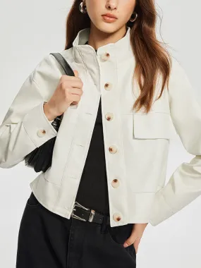 Chicmy-Stand Collar Button Faux Leather Trench Coat