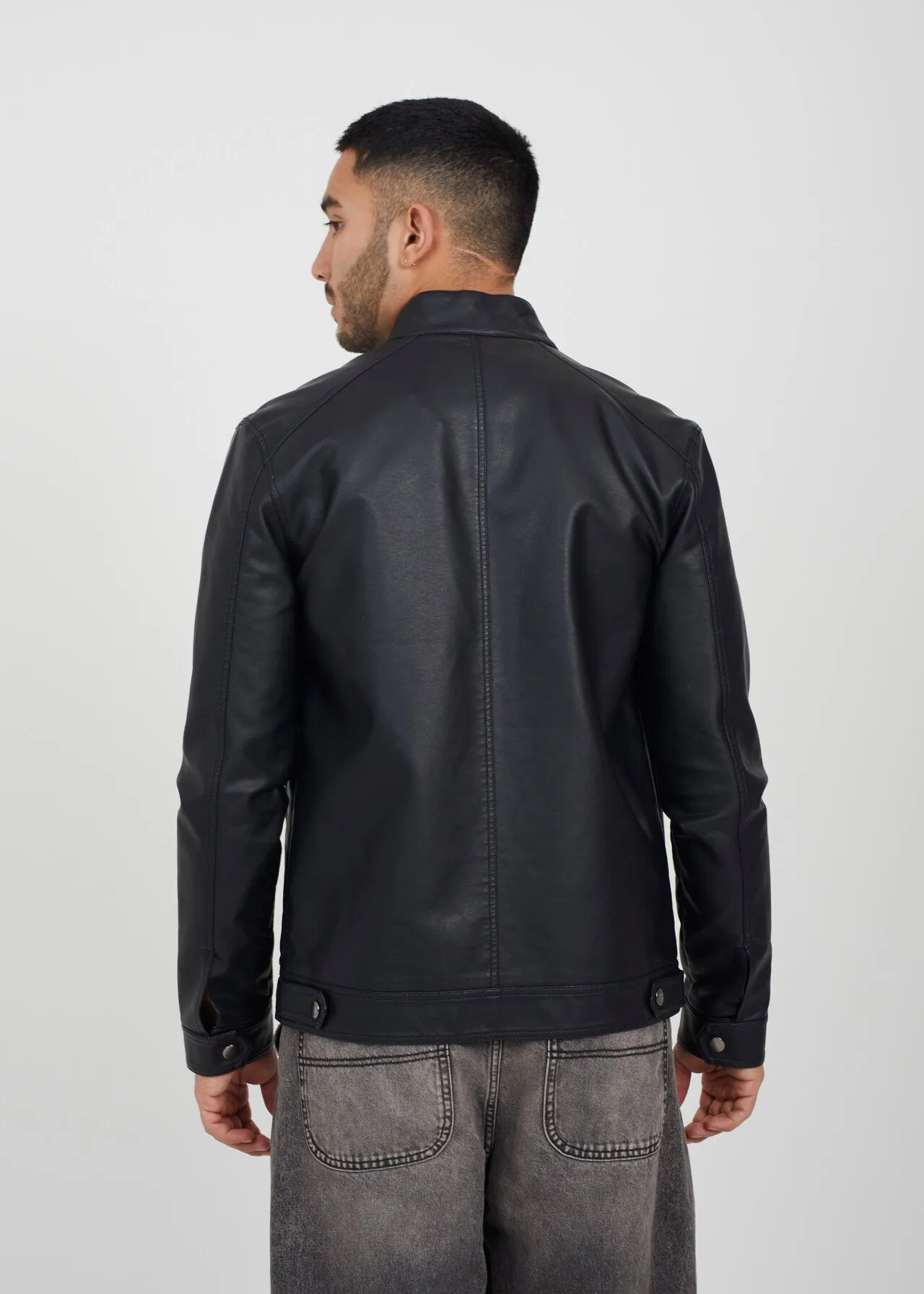 COLLAR DETAIL FAUX LEATHER BIKER JACKET