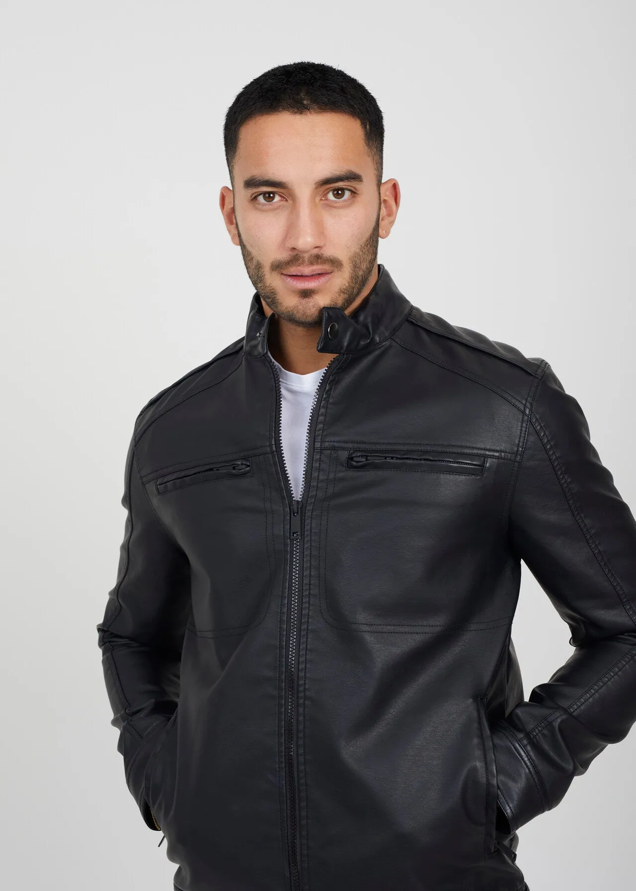 COLLAR DETAIL FAUX LEATHER BIKER JACKET