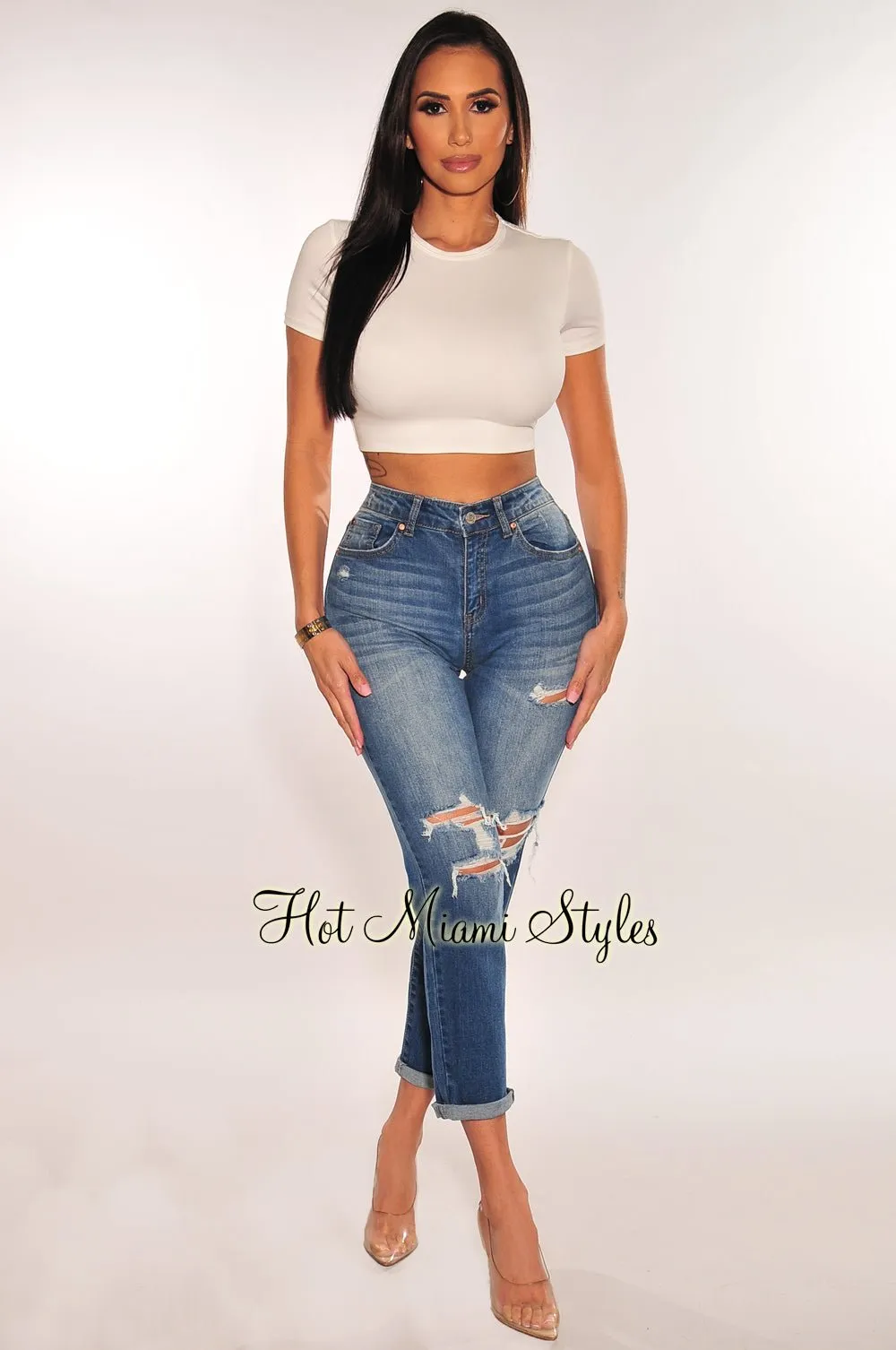 Dark Denim High Waist Ripped Knee Relaxed Skinny Jeans