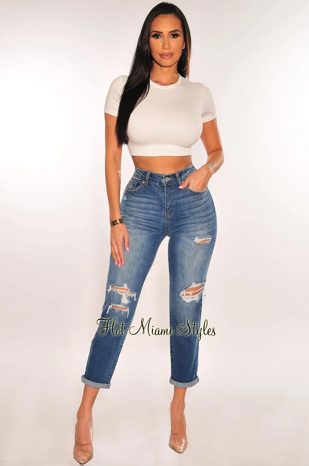 Dark Denim High Waist Ripped Knee Relaxed Skinny Jeans