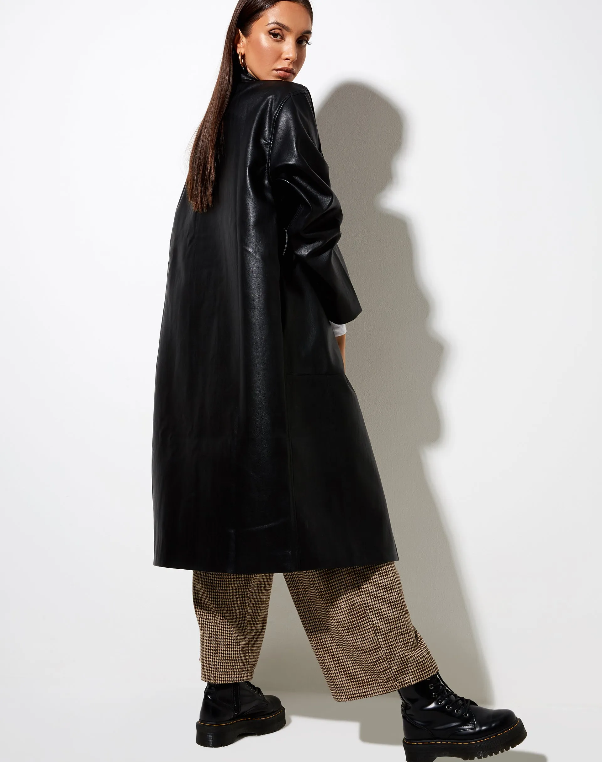 Duster Longline Coat in Pu Black