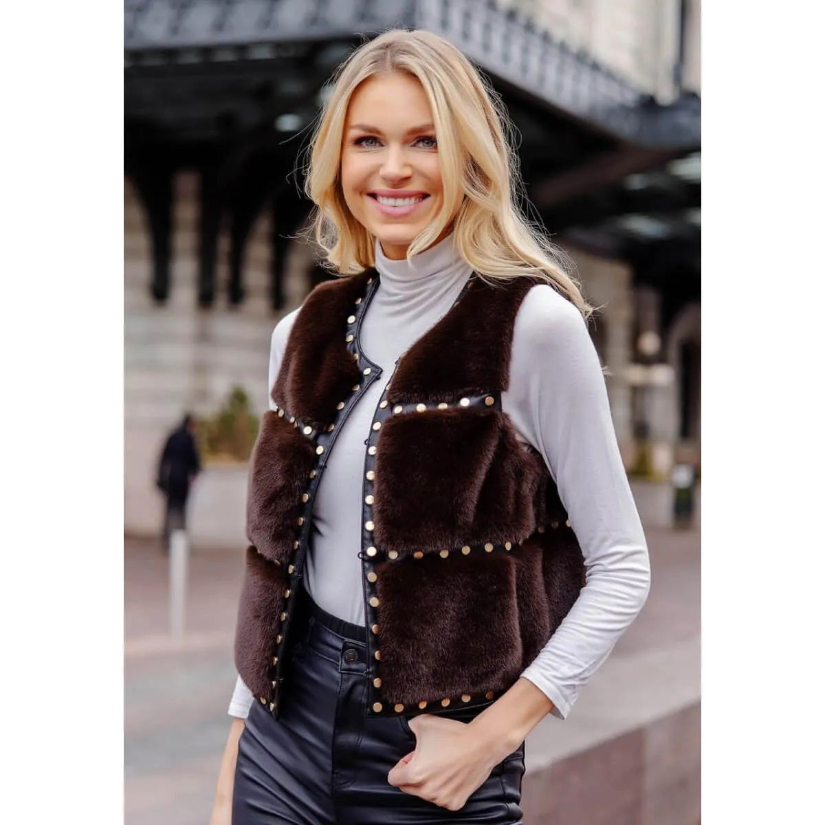 Espresso Faux Fur Giselle Studded Vest