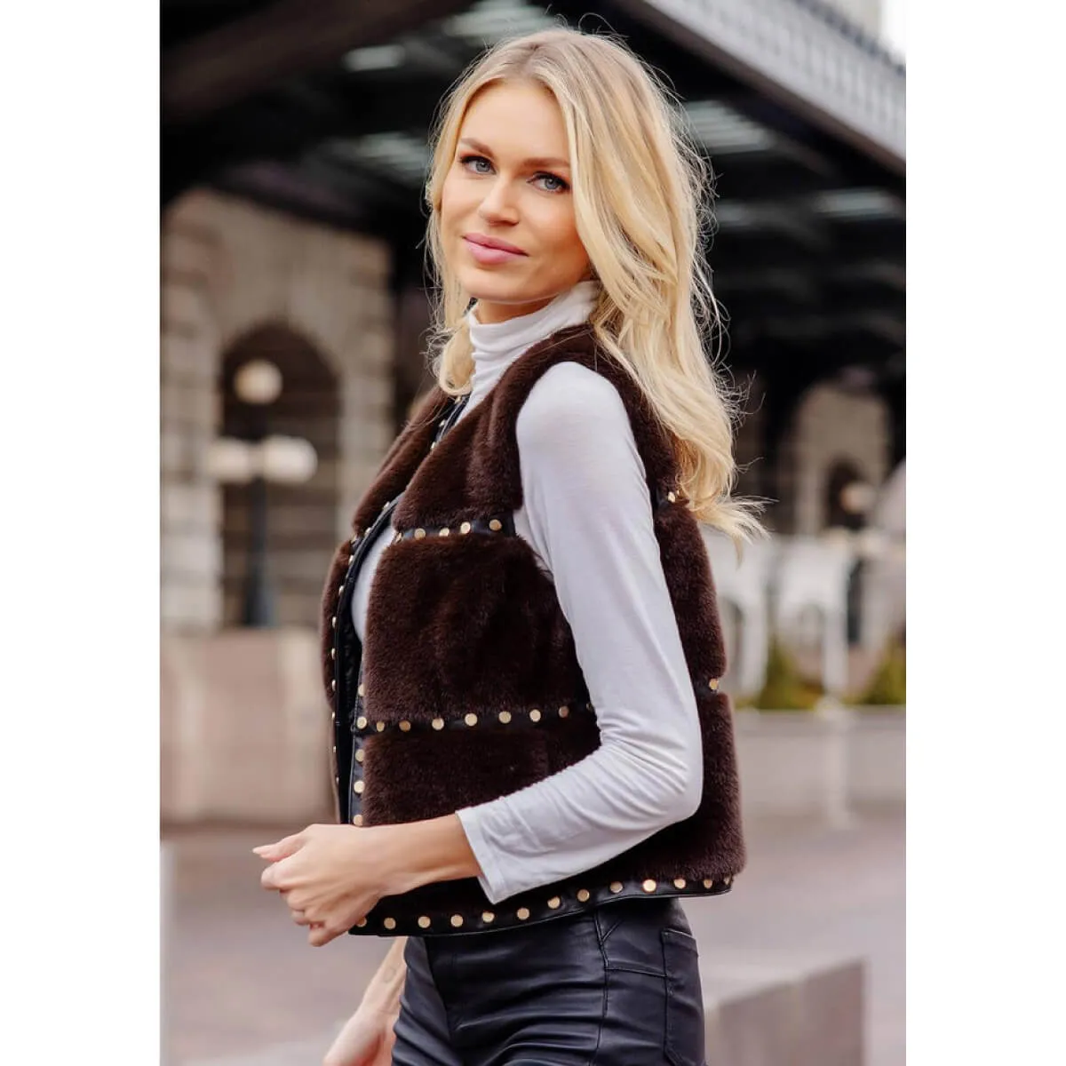 Espresso Faux Fur Giselle Studded Vest