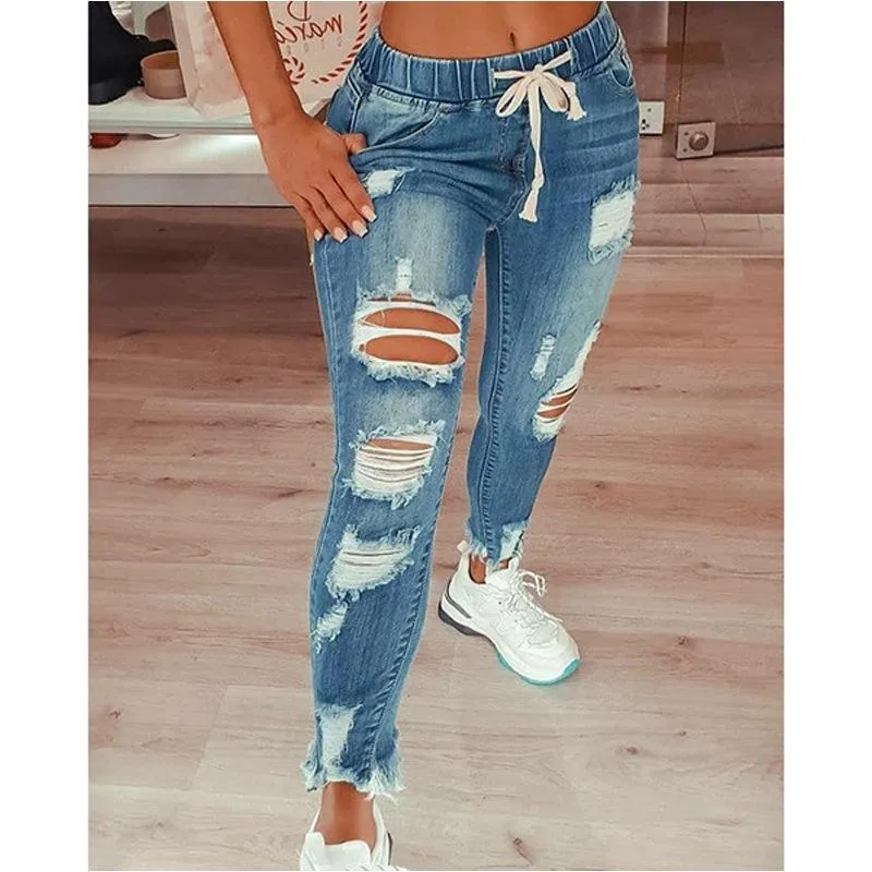 FashionSierra - Women's Drawstring Skinny Ripped Jeans Frayed Hem Jeans Pants