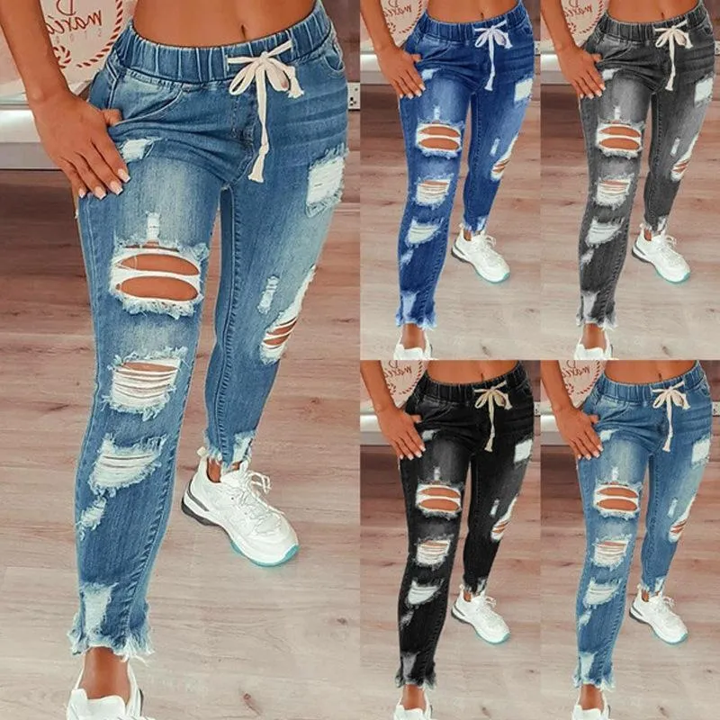 FashionSierra - Women's Drawstring Skinny Ripped Jeans Frayed Hem Jeans Pants