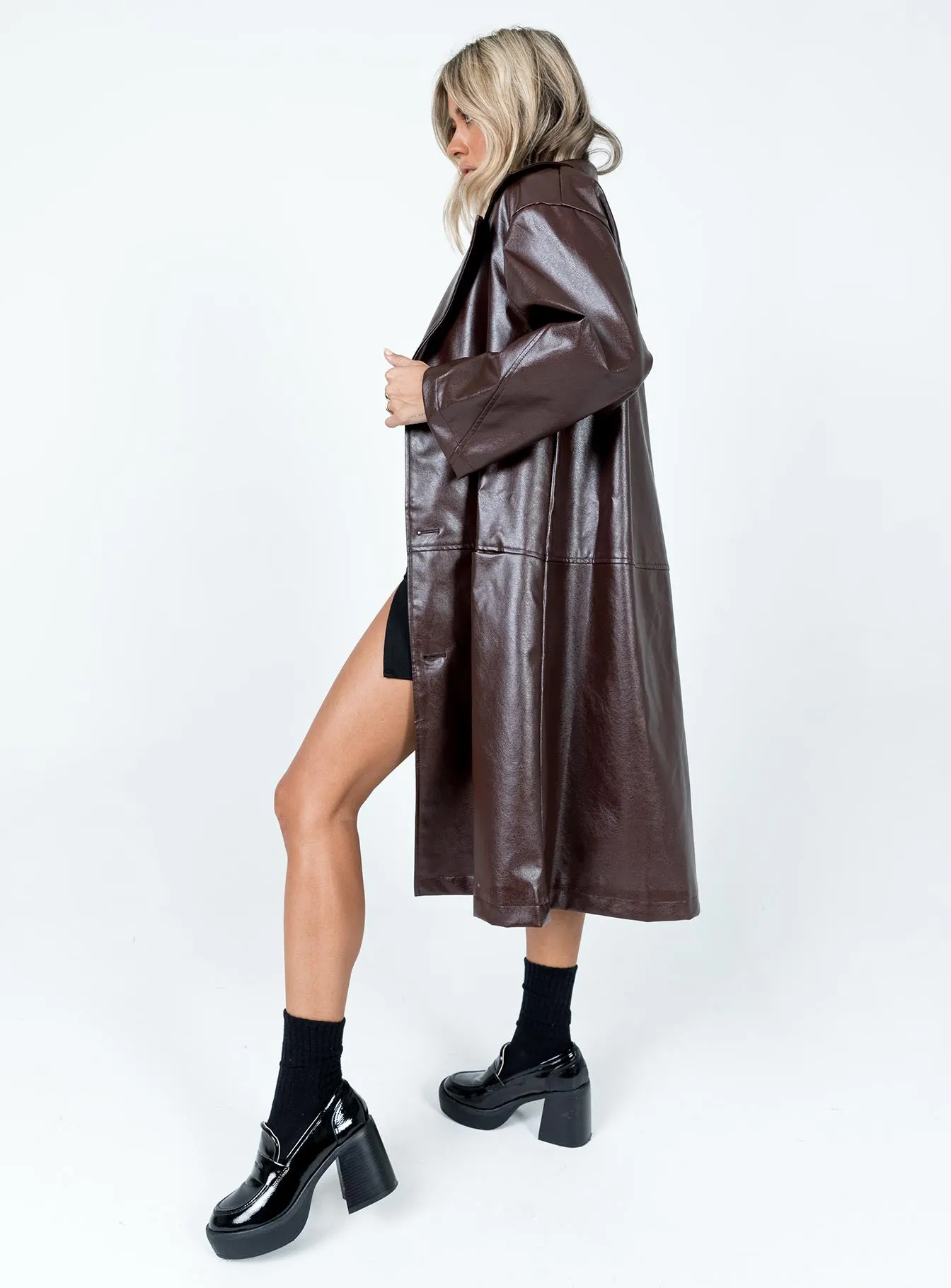 Fran Faux Leather Trench Coat Brown