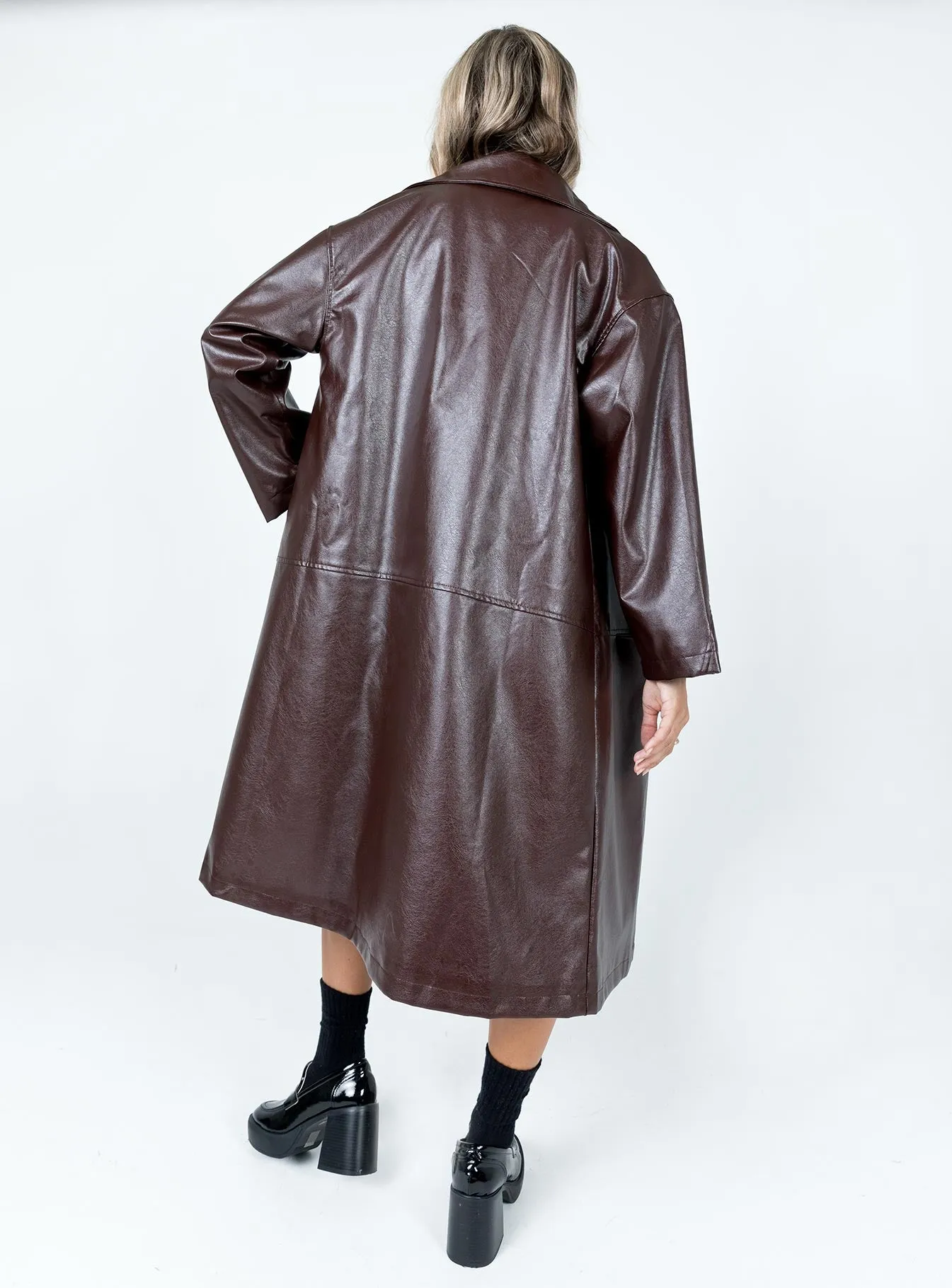 Fran Faux Leather Trench Coat Brown