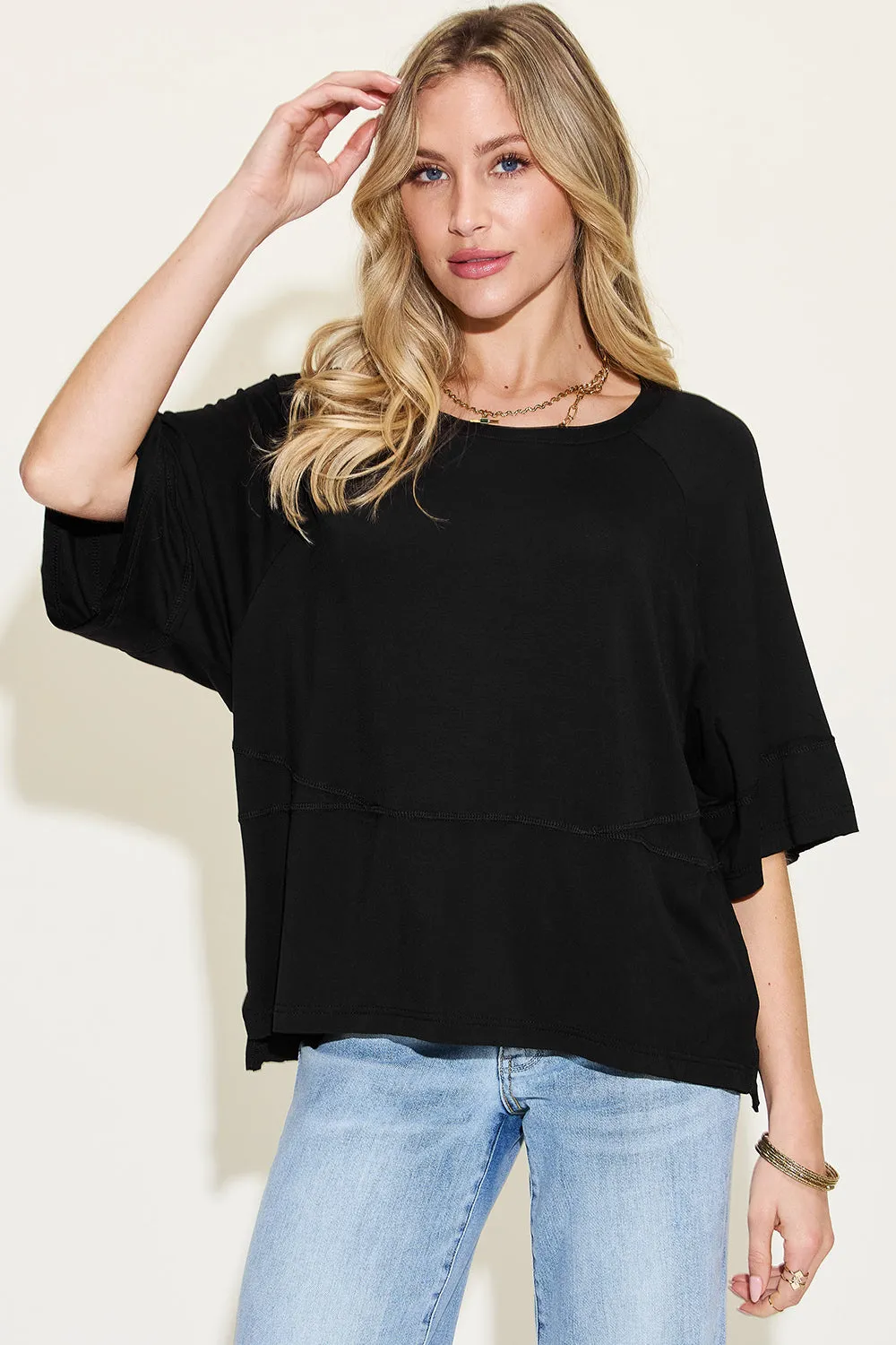 Full Size Bamboo Round Neck Exposed Seam T-Shirt