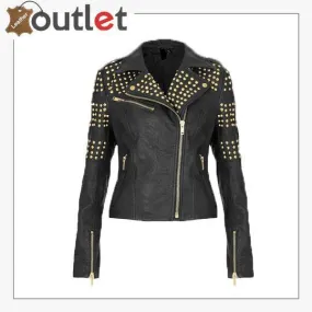 Handcrafted Golden Half Studded Black Leather Jacket