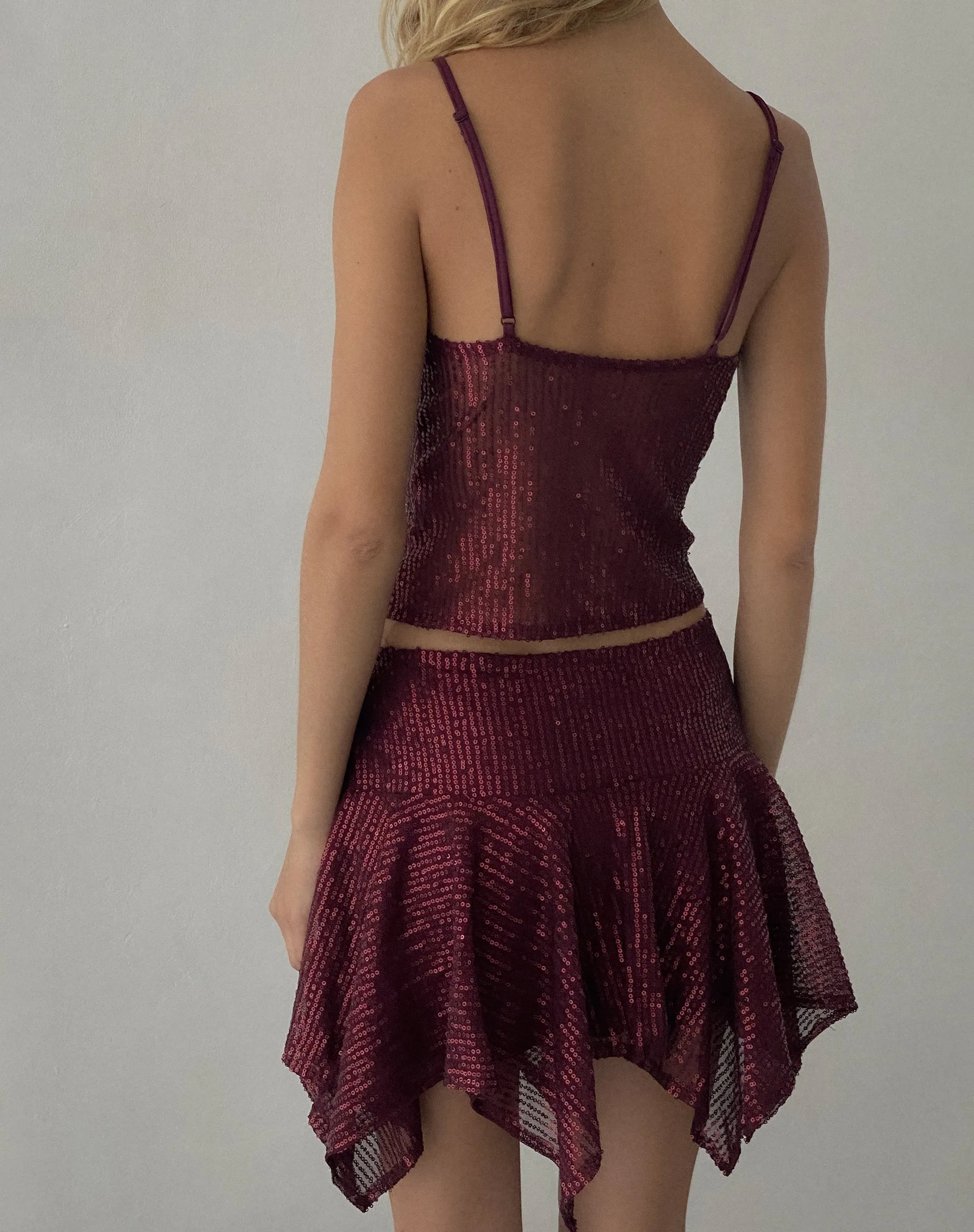 Helga Waterfall Mini Skirt in Sequin Burgundy