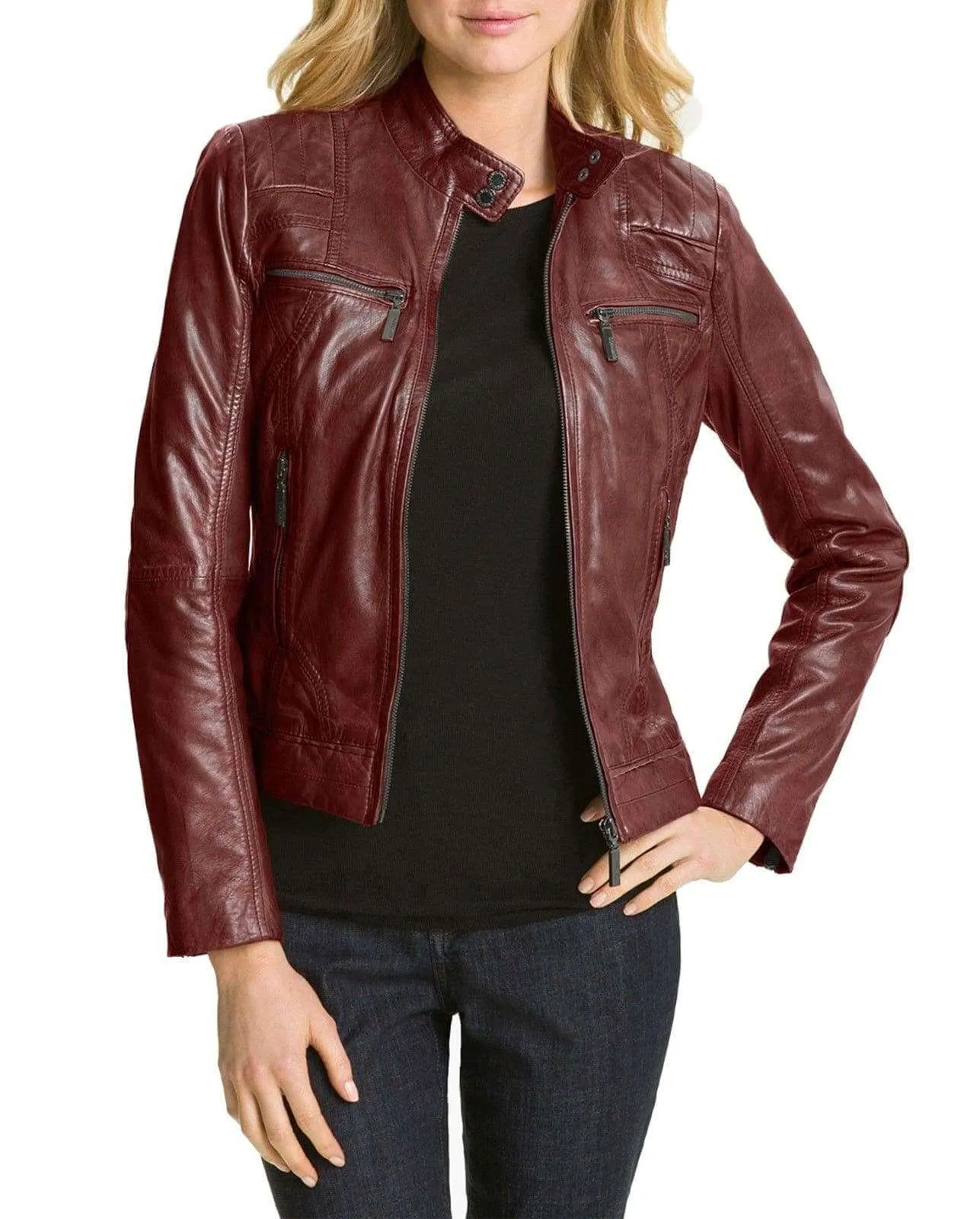 Hollywood Collection Soft Leather Biker Burgundy Jacket For Women