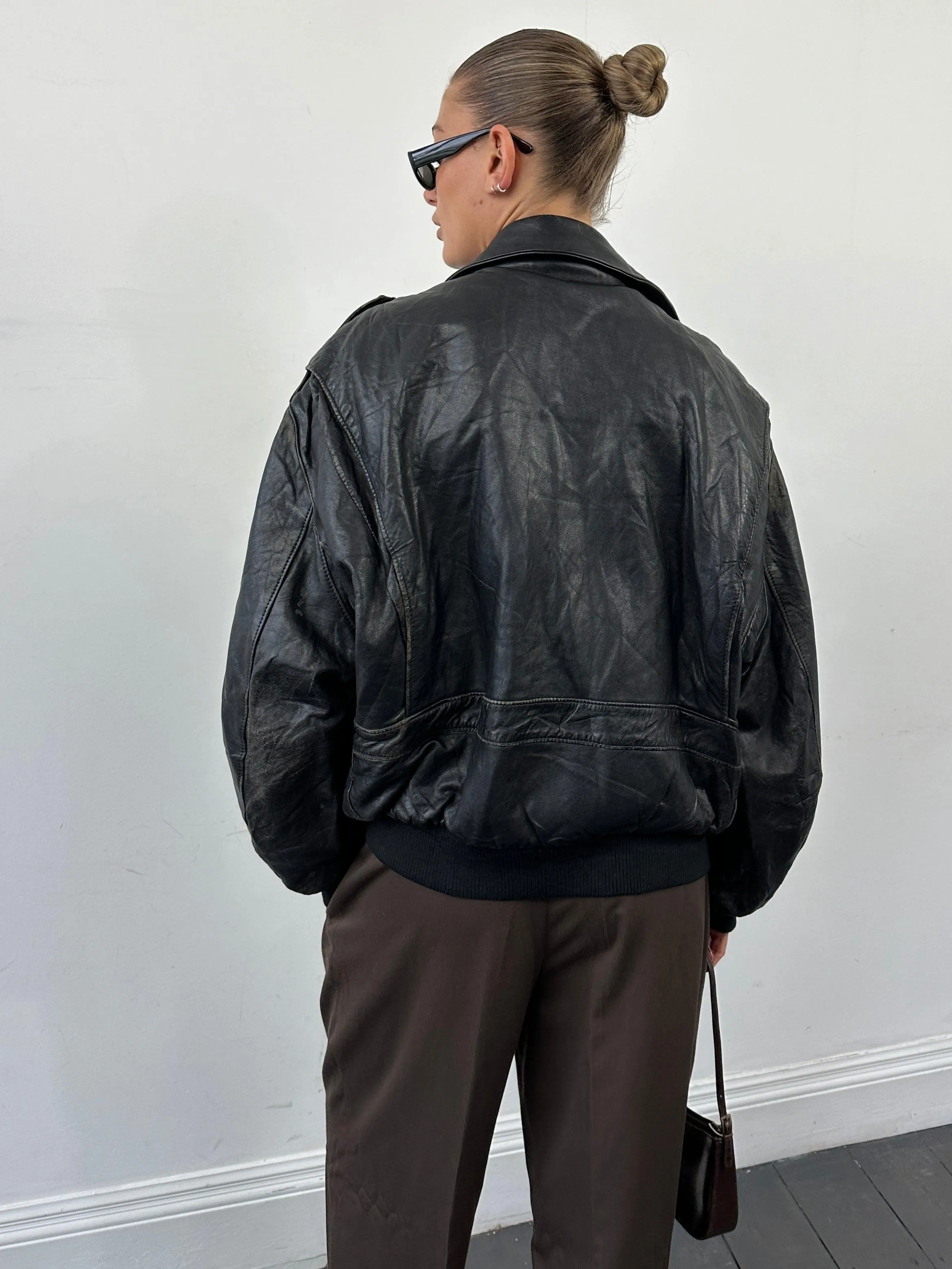 Italian Vintage Removable Fleece Lining Leather Bomber Jacket - L