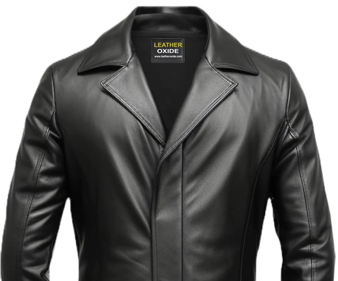 Men Black Long Leather Coat