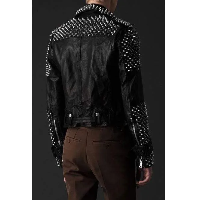 Men's Casual Black Silver Studded Rocker Punk Style Biker Leather Jacket