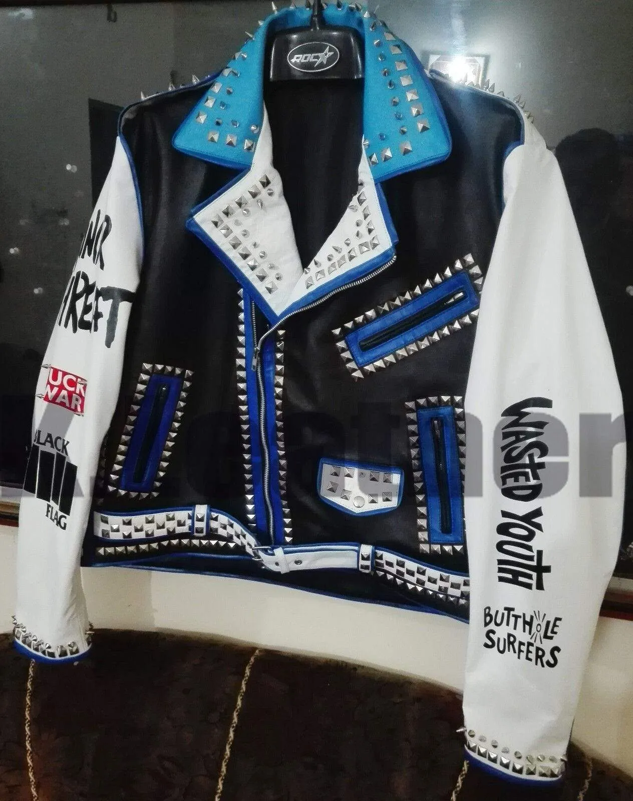 Mens Multi color Studded Printed Logos Punk Leather Jacket