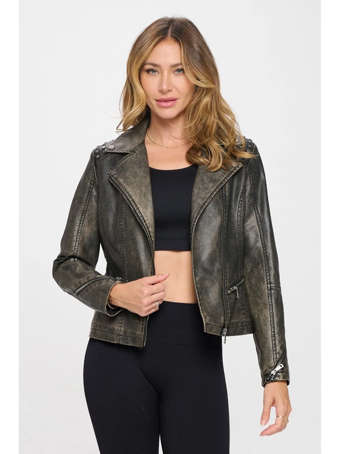 NicholesGifts Women Coalition LA Studded Classic Moto Faux Leather Jacket