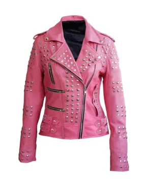 Pink Studded Genuine Leather Jacket