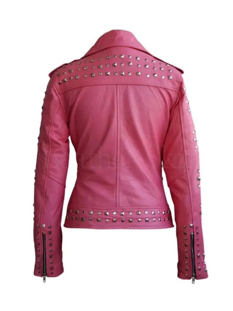 Pink Studded Genuine Leather Jacket