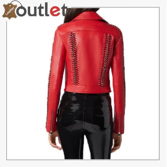 Red Perfecto Crystal Work Biker Jacket