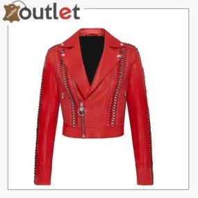 Red Perfecto Crystal Work Biker Jacket