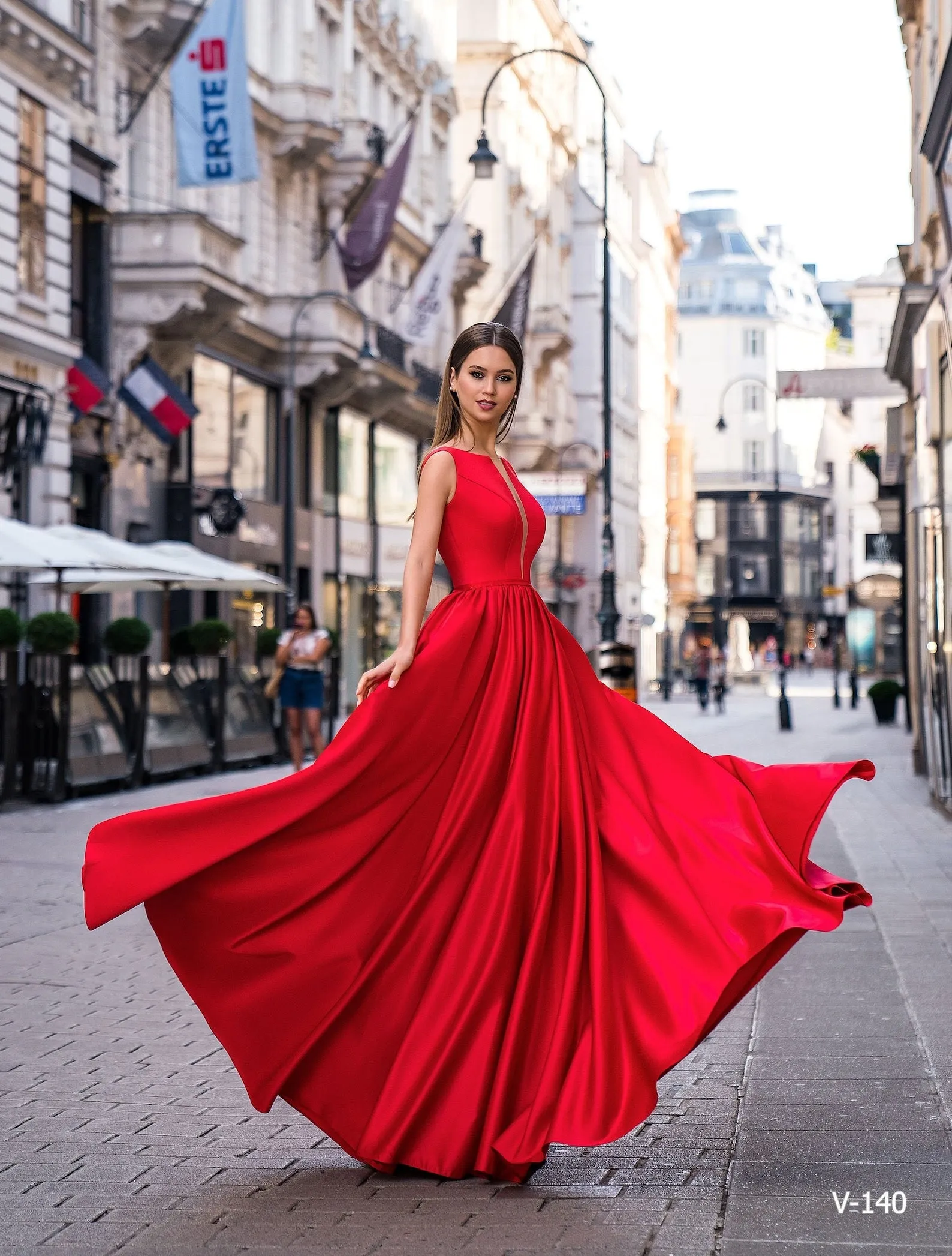 Red Satin Formal Gown with Pockets