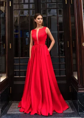 Red Satin Formal Gown with Pockets