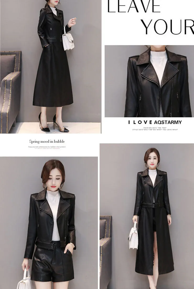 Removable Ankle-length Leather Trench Coat