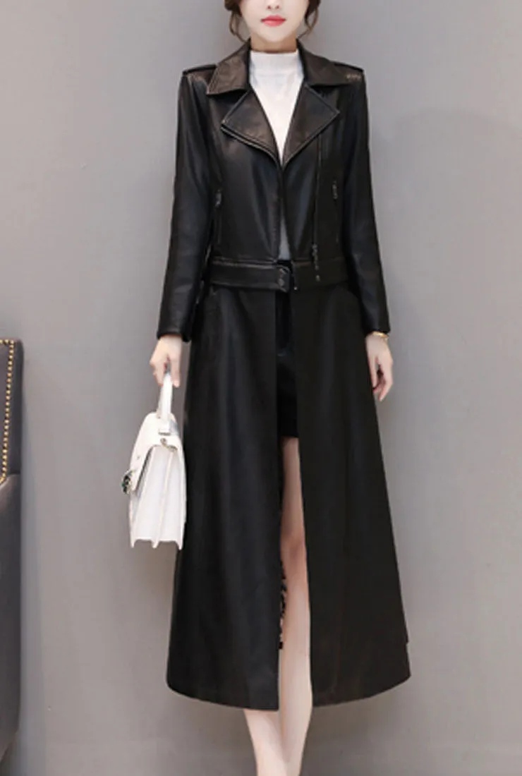 Removable Ankle-length Leather Trench Coat