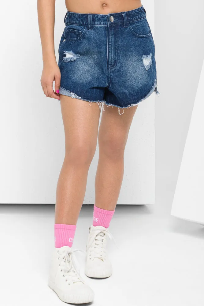 Ripped Denim Shorts Mid Blue