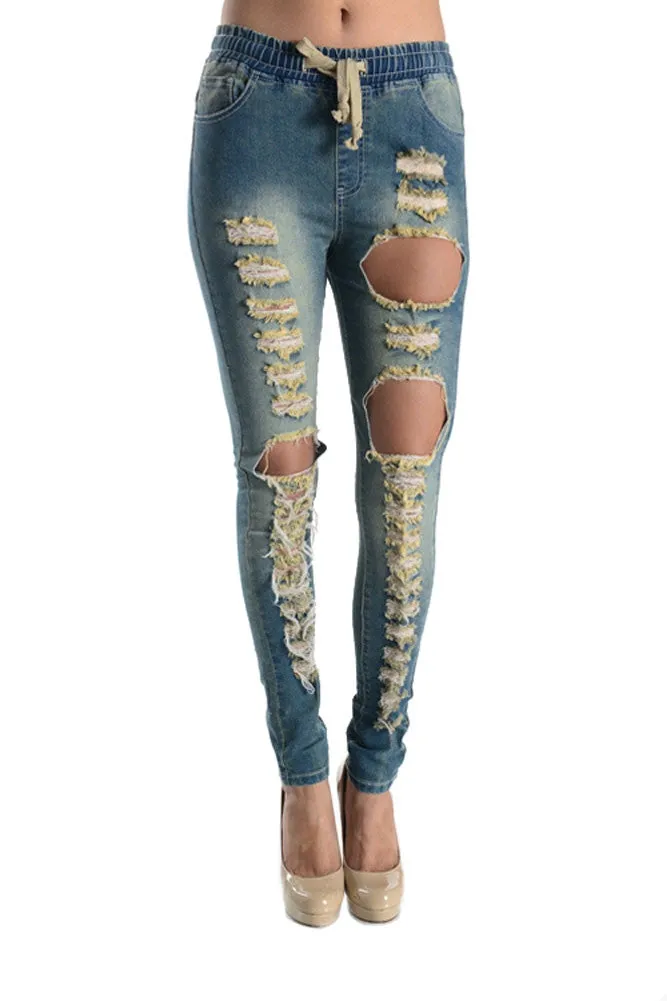 Ripped Drawstring Skinny Jeans